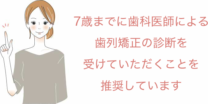 7才までに矯正歯科を専門に行う歯科医師の歯列矯正の診断を受けていただくことを推奨しています。