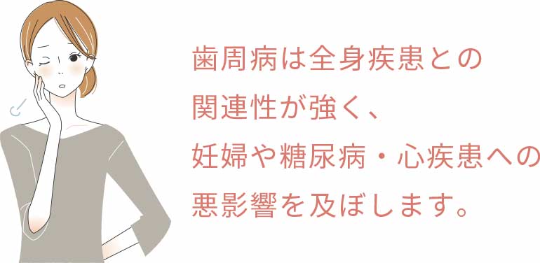 歯周病は全身疾患との関連性が強く、妊婦や糖尿病・心疾患への悪影響を及ぼします