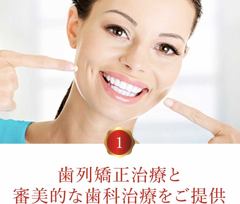 自分の歯を指差す笑顔の女性